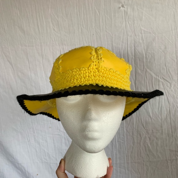 Unique Black & Yellow Crochet Faux Leather Bucket Hat - Picture 3 of 8